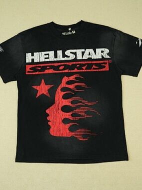 Hellstar Sports Men’s Black Short-Sleeve Graphic Tee with Red Flame Profile